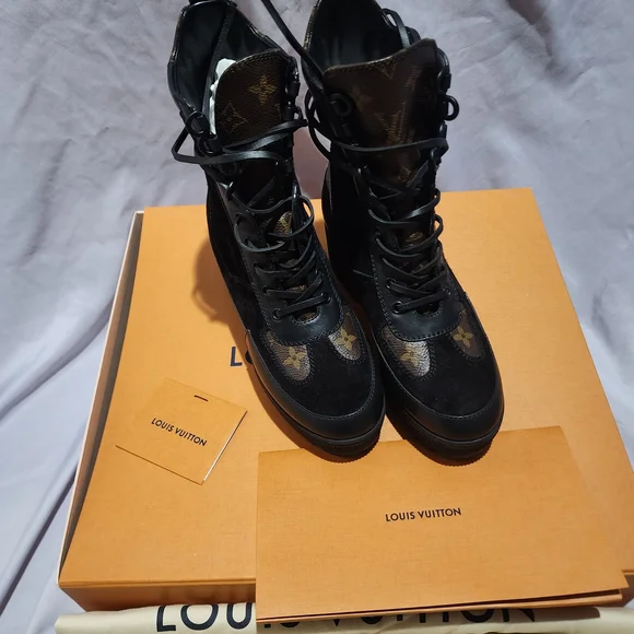 Louis Vuitton Black Monogram Lace-Up Platform Boots - Picture 3 of 9